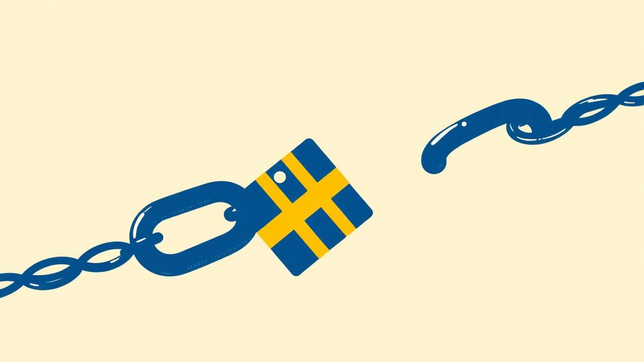 Illustration av en bruten kedjelÀnk med en liten svensk flagga